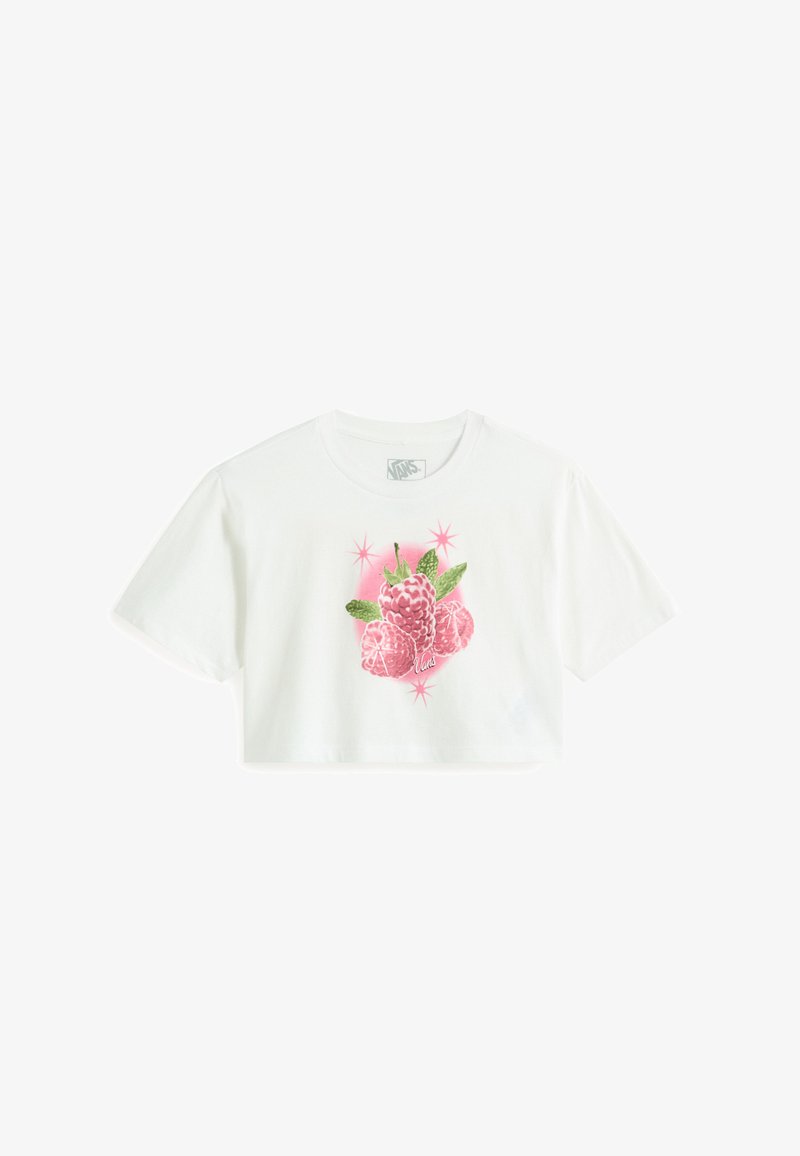 Bílý zkrácený tričko vyrobené z bavlny, se středovým motivem růžového ovoce se zelenými listy a jiskřivými detaily. Krátké rukávy.