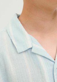 Lichtblauwe overhemd met kraag en verticale witte strepen. Zacht, textuurstof. Close-upzicht laat details van de kraag en halslijn zien.
