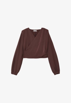 Braune, langärmelige, kurze Bluse mit V-Ausschnitt und Wickel-Optik vorne, mit elastischen Bündchen an den Ärmeln.