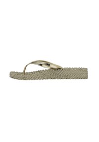 Flat flip-flop sandal with a braided jute sole, beige color, metallic straps, and a textured footbed for added comfort.