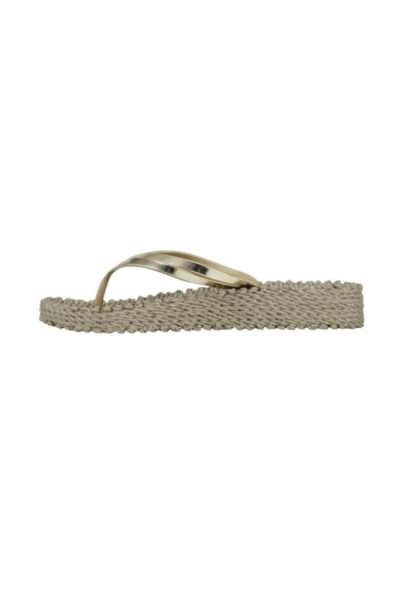 Flat flip-flop sandal with a braided jute sole, beige color, metallic straps, and a textured footbed for added comfort.