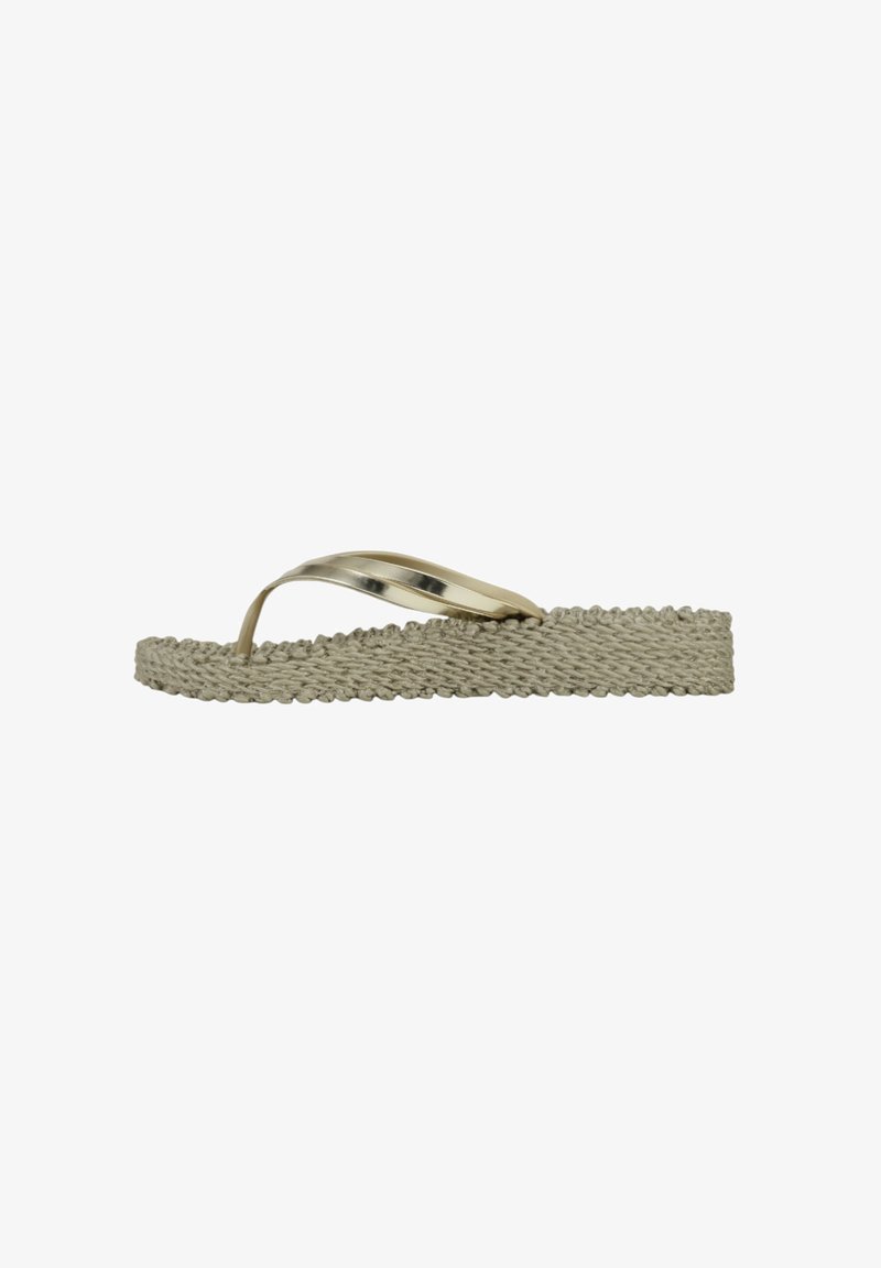 Flat flip-flop sandal with a braided jute sole, beige color, metallic straps, and a textured footbed for added comfort.