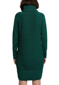 Robe en tricot verte avec un col montant, un corps texturé et des poignets et un ourlet côtelés. La texture est une combinaison de motifs lisses et en relief.