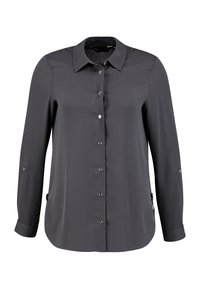 Blouse à manches longues gris foncé, boutonnée, avec col et poignets, en tissu lisse et ourlet légèrement incurvé.
