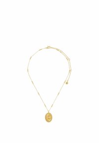 Gold-tone necklace with oval pendant featuring intricate design. Chain with round beads, textured links, and a clasp closure.