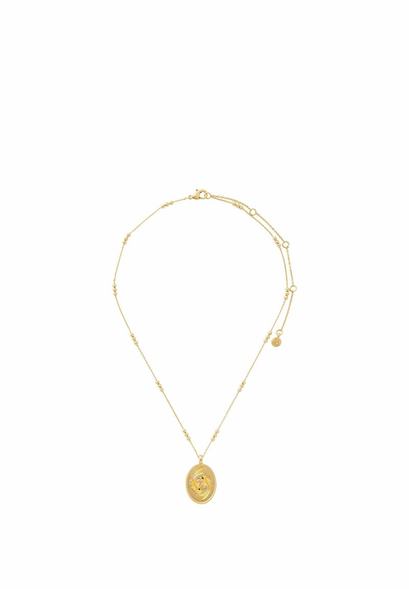Gold-tone necklace with oval pendant featuring intricate design. Chain with round beads, textured links, and a clasp closure.