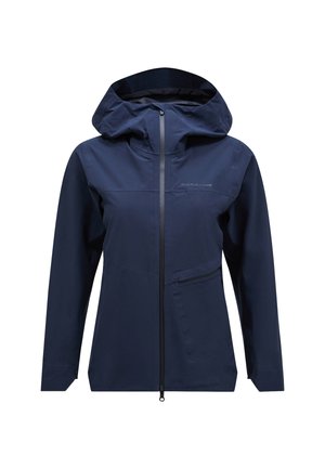 Marineblauwe waterdichte jas met een rits aan de voorkant, grote capuchon en zijzakken. Gemaakt van glad, lichtgewicht materiaal met minimale branding.