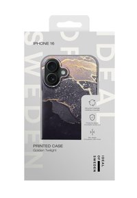 Printed case for iPhone 16 featuring a marbled design in dark purple and gold accents. Made from recycled materials, slim profile.