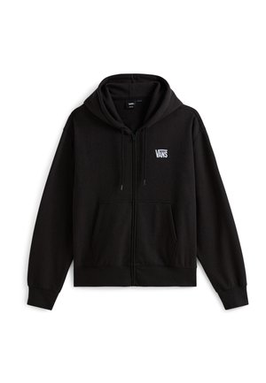 Svart zip-up hoodie i mjukt tyg. Har huva med dragsko, framfickor och en liten vit Vans-logotyp på bröstet.
