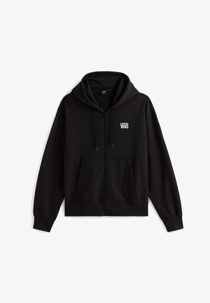 Sort hoodie med lynlås lavet af blødt stof. Har snøre i hætten, forlommer og en lille hvid Vans-logo på brystet.