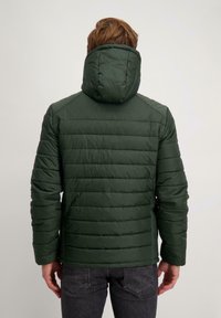 Groene pufferjack met capuchon, met horizontaal gequiltte secties en een gladde textuur. De manchetten en de zoom hebben een strakke pasvorm.