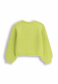 Sweter w stylu szydełkowym, krótkie ukośne rękawy w jaskrawo limonkowym kolorze. Posiada prążkowaną teksturę, długie, balonowe rękawy oraz klasyczny okrągły dekolt.
