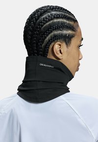 Black neck gaiter with a high collar, featuring the text "ON RUNNING." The material appears soft with a smooth texture.