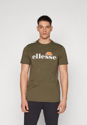 Olive green cotton t-shirt featuring a white "ellesse" logo, a red and yellow graphic, and white stripes on the shoulders. Short sleeves.