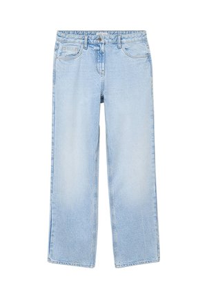 Lichtblauwe jeans met hoge taille en rechte pijpen, voorzien van een knoopsluiting aan de voorkant, ritssluiting en een ontwerp met vijf zakken.