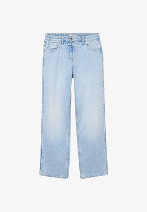 Jean droit taille haute bleu clair avec bouton frontal, fermeture éclair et design à cinq poches.