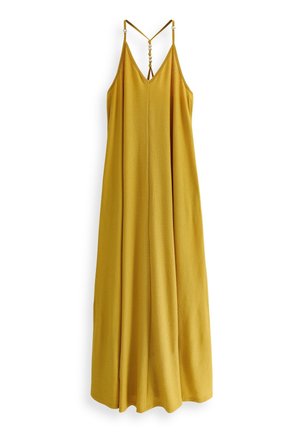 Żółta sukienka na cienkich ramiączkach z dekoltem w serek, zwiewną fakturą i plisowanym wzorem. Posiada ozdobne okucia na ramiączkach i luźny fason.