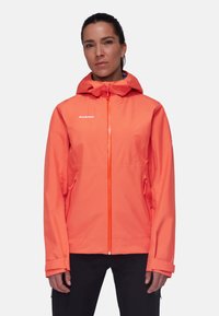 Bright orange waterproof jacket with hood, zipper front, and side pockets. Made of lightweight, smooth fabric with a fitted silhouette.