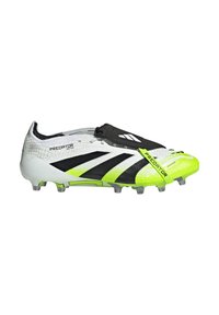 White and black soccer cleat with a textured upper, green accents, and sturdy studs. Features a snug fit design and branded details.