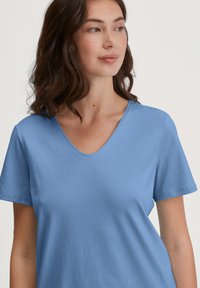 Himmelblaues T-Shirt mit kurzen Ärmeln und V-Ausschnitt, aus weichem Stoff, glatter Textur und lässiger Passform. Minimalistisches Design ohne Muster.