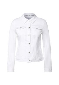 Vit denimjacka med krage, knappstängning, två bröstfickor och långa ärmar. Slät yta med detaljer i silverfärgad metall.