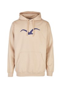 Felpa beige con tasca a marsupio, caratterizzata da un design del logo blu scuro sulla parte anteriore. Tessuto morbido con cappuccio regolabile e polsini a costine.