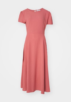 Roza midi obleka s kratkimi napihnjenimi rokavi, teksturirana tkanina, okrogla vrata in zadrga na hrbtni strani. Delno razširjen krilo.