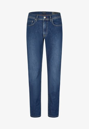 Donkerblauwe spijkerbroek met een rechte snit, vijf zakken en zichtbare stiksels. Heeft een knoop- en ritssluiting.