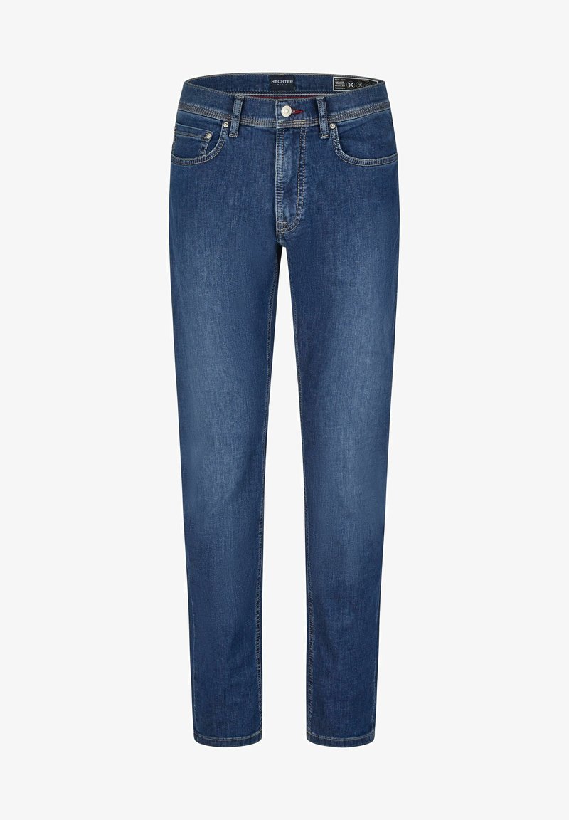 Dunkelblaue Jeans mit geradem Schnitt, fünf Taschen und sichtbaren Nähten. Mit Knopf- und Reißverschluss.