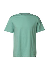 Camiseta de manga corta verde menta hecha de tejido suave, con un escote redondo y un dobladillo recto que lleva una pequeña etiqueta de la marca en el lateral.