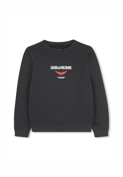 Zwarte sweatshirt met lange mouwen, ronde hals, gelabeld met "ZADIG & VOLTAIRE" in wit en een rode vleugeltekening op de voorkant.