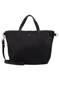 Schwarze Handtasche mit strukturiertem Muster, ausgestattet mit Ledergriffen und einem abnehmbaren Schultergurt. "JOOP!"-Logo auf der Vorderseite.