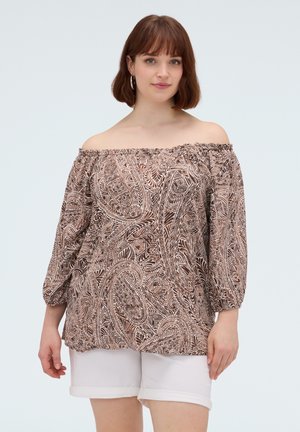 Fiorella Rubino, BLUSA OFF SHOULDERS CON STAMPA - Bluse - marrone