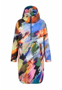 Long hooded jacket with front zipper and large pocket, featuring abstract multicolor brushstroke pattern in blue, orange, pink, green, and black.