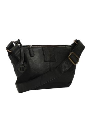 Borsa a tracolla in pelle nera con finitura texturizzata, chiusura con zip, tracolla regolabile e dettaglio con logo ad ancora. Design compatto e angolare.
