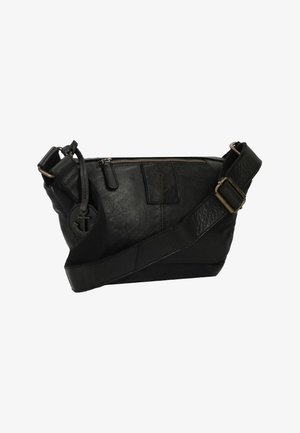 Black leather crossbody bag with a textured finish, zip closure, adjustable strap, and anchor logo detail. Compact and angular design.