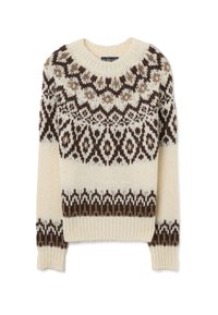 Pull en maille crème avec des motifs géométriques marron et beige. Il possède un col et des poignets côtelés pour plus de texture et de chaleur.