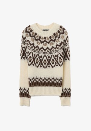 Maglione a maglia di colore crema con motivi geometrici marroni e sabbiosi. Presenta un collo e dei polsini a costine per un tocco di texture e calore.