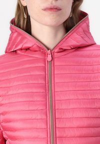 Padded pink jacket with a hood, featuring horizontal quilted lines, a front zipper with a pull tab, and a smooth, shiny texture.