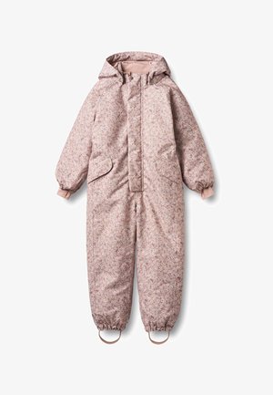 Pehmeän vaaleanpunainen, kukkakuvioitu toppahaalari. Siinä on huppu, joustavat hihansuut ja helmat, kaksi etutaskua sekä saappaiden kiinnityshihnat.