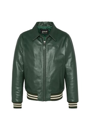Giacca in pelle verde con chiusura a zip, ampio colletto e polsini e orlo a coste a righe. Caratterizzata da un logo sul petto e una fodera trapuntata.