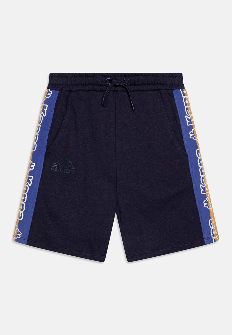 Marinblå shorts i bomull med elastisk midja, har sidofickor och kontrasterande blå och guld logoband.