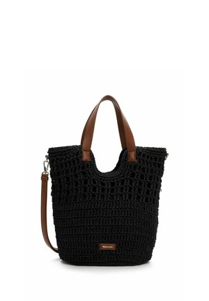 Borsa tote nera in tessuto intrecciato con manici in pelle marrone e tracolla staccabile, con una piccola etichetta rettangolare del marchio sul davanti.