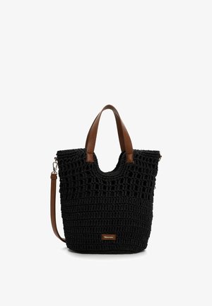 Zwarte geweven draagtas met bruine leren handvatten en afneembare schouderriem, voorzien van een klein rechthoekig merkembleem aan de voorkant.