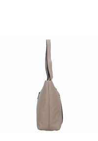 Sac à épaule en cuir beige avec une forme effilée, un fond plat et une longue sangle avec des accents noirs le long du bord. Poche zippée visible.