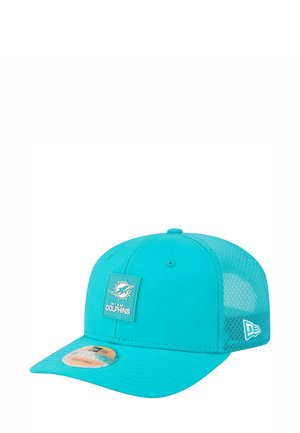 Turquoise baseball cap with a mesh back, featuring a square Miami Dolphins logo patch and a curved brim. "New Era" logo on the side.