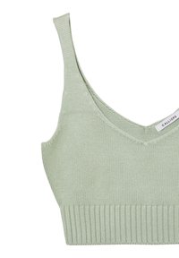 Bralette lavorato a maglia di colore verde chiaro con spalline regolabili, caratterizzato da un profondo scollo a V e un orlo a coste, realizzato in un morbido tessuto testurizzato.