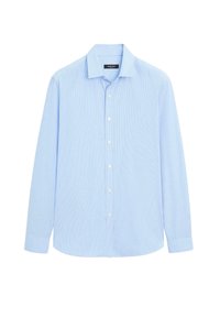 Camicia button-up a righe azzurro chiaro con maniche lunghe, colletto e bottoni bianchi. Il tessuto ha una texture liscia con una leggera lucentezza.