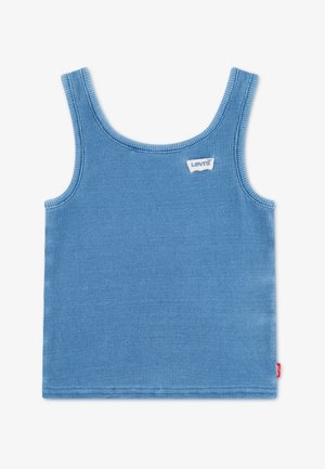 Canotta blu a coste in cotone, con scollo tondo e spalline sottili. Piccola etichetta con logo bianco in alto a sinistra.