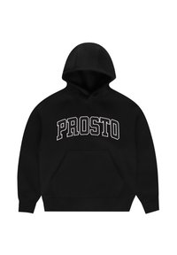 Czarna bluza z kapturem, wykonana z miękkiego materiału, z wyraźnym białym napisem "PROSTO" oraz przednią kieszenią typu kangur.